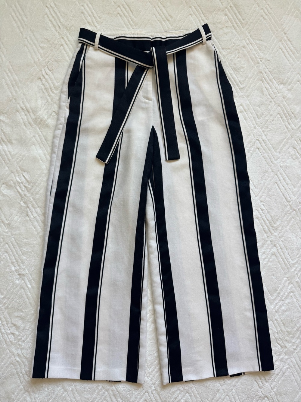 Maje Black & White Vertical Stripe Cropped Wide-Leg Pants with Tie Belt